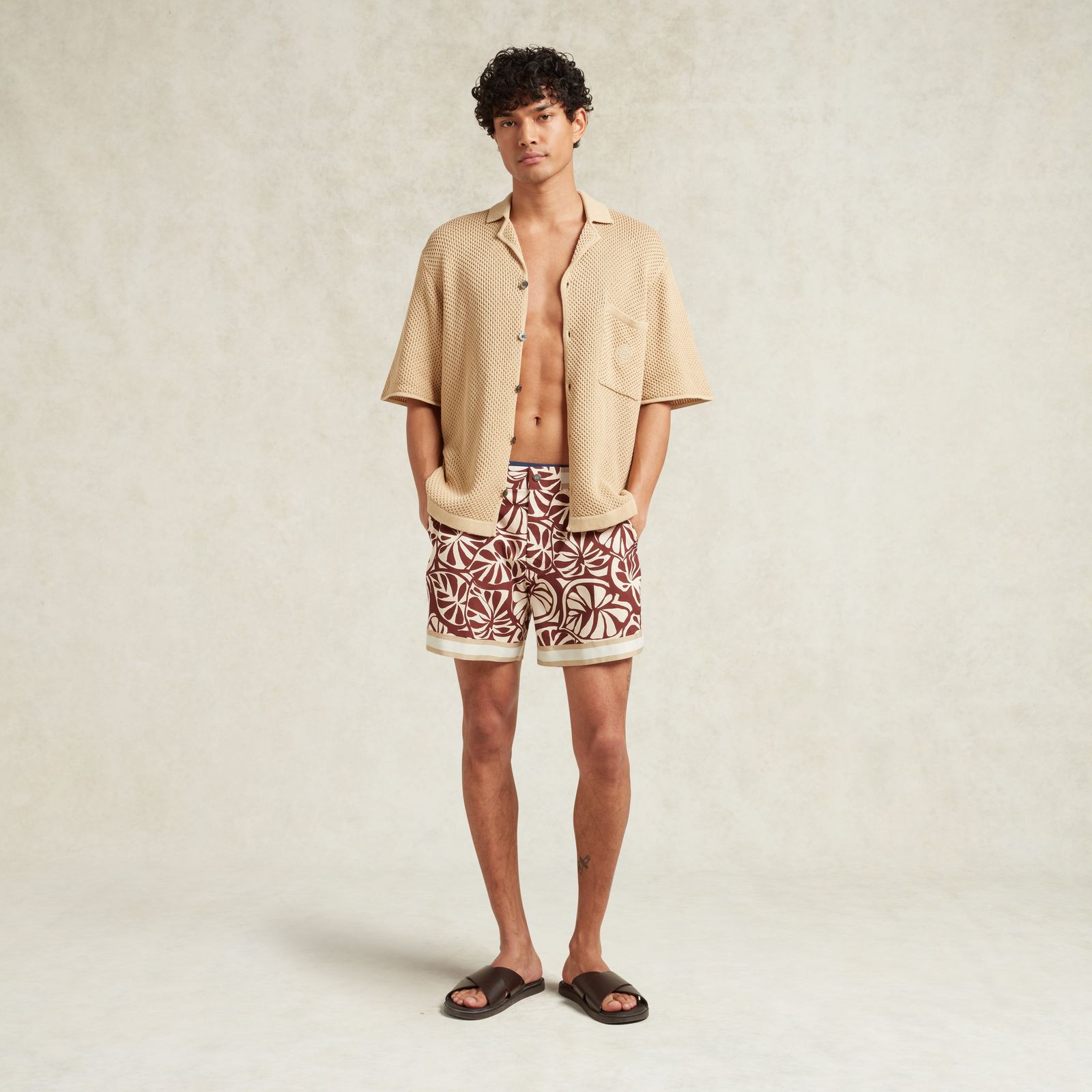 CORREL PALM PRINT BALLER SWIMSHORT - CHOCOLATE BROWN