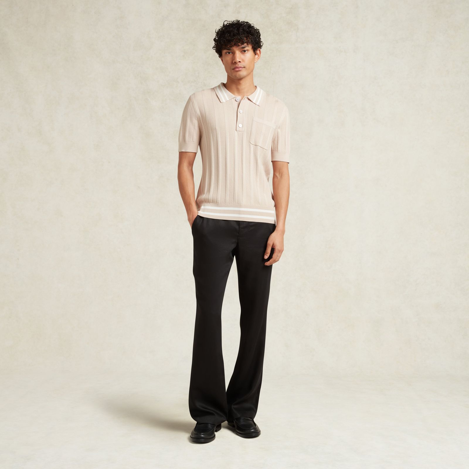MELIA SILK BLEND TEXTURED KNIT POLO - BEIGE