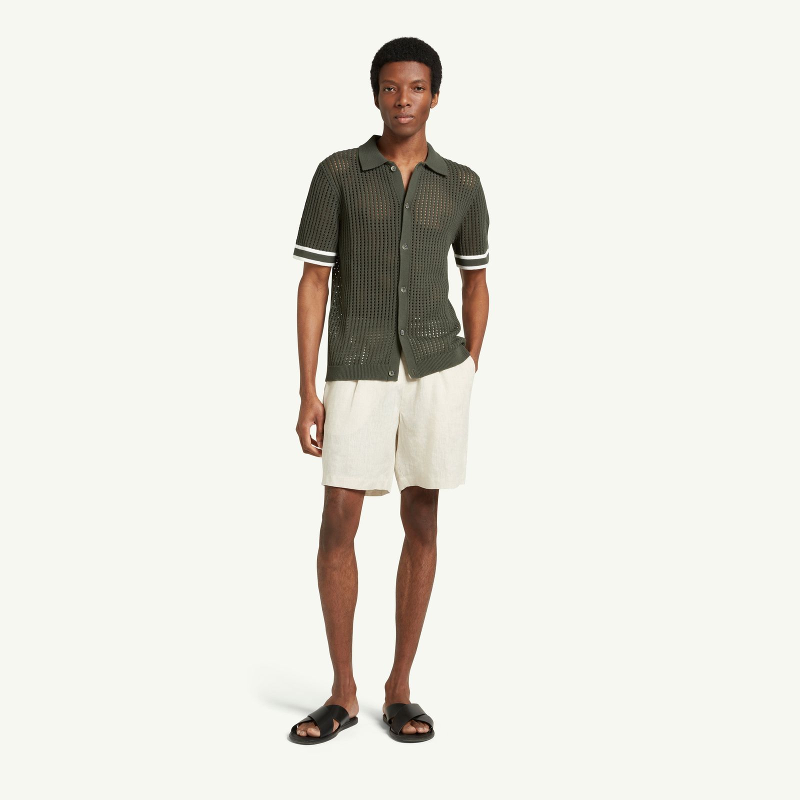 ELIAS CROCHET KNITTED COTTON POLO - PINE GREEN