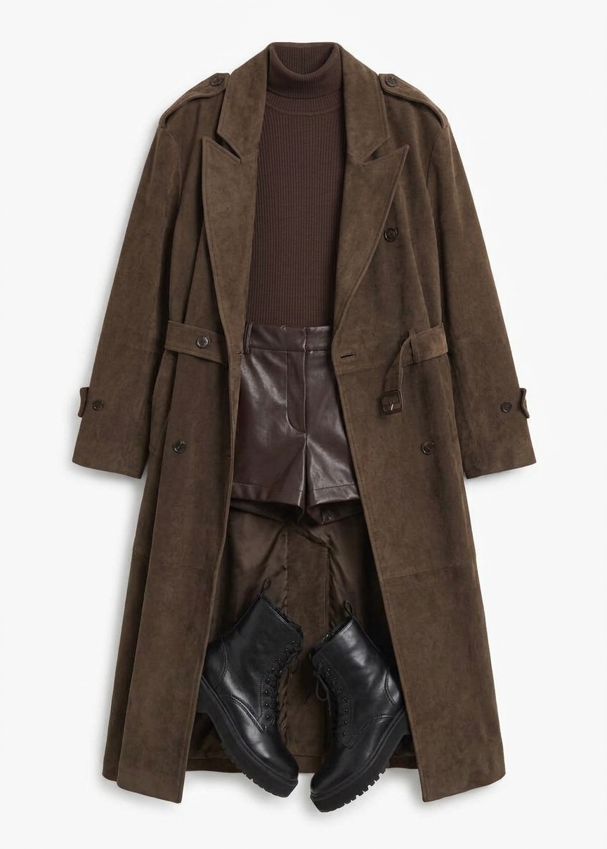 Peoria Faux Suede Trench Coat - Brown