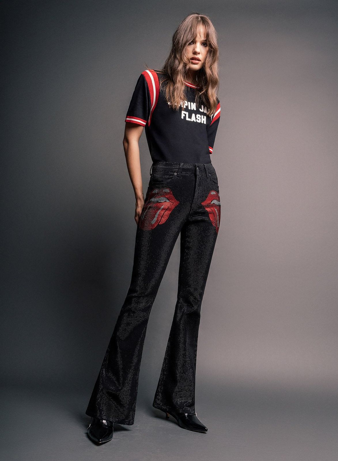 Phix X Rolling Stones Denim Rhinestone Red Tongue Denim Flares