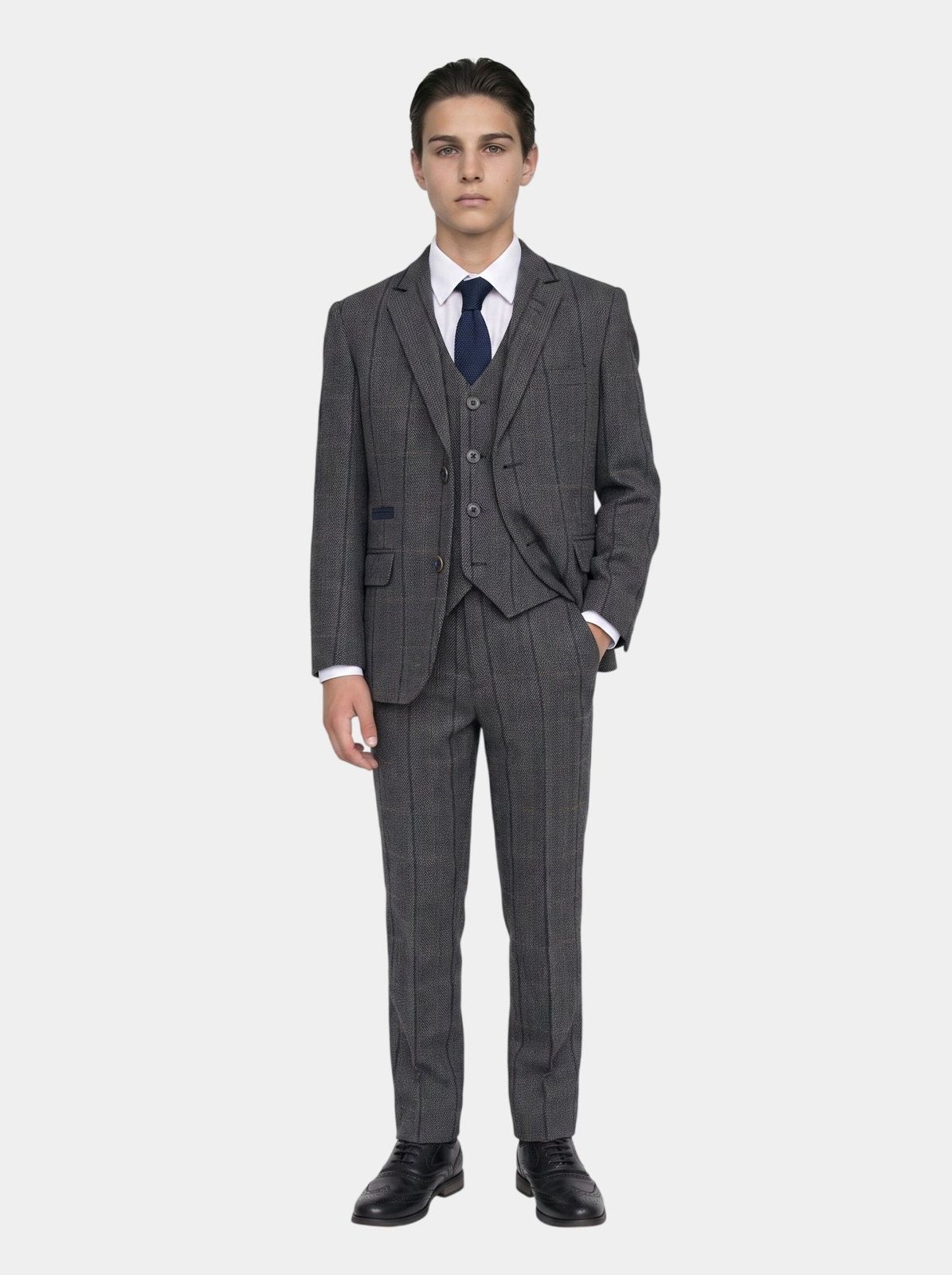 Boys Albert Grey Tweed Check Three Piece Suit