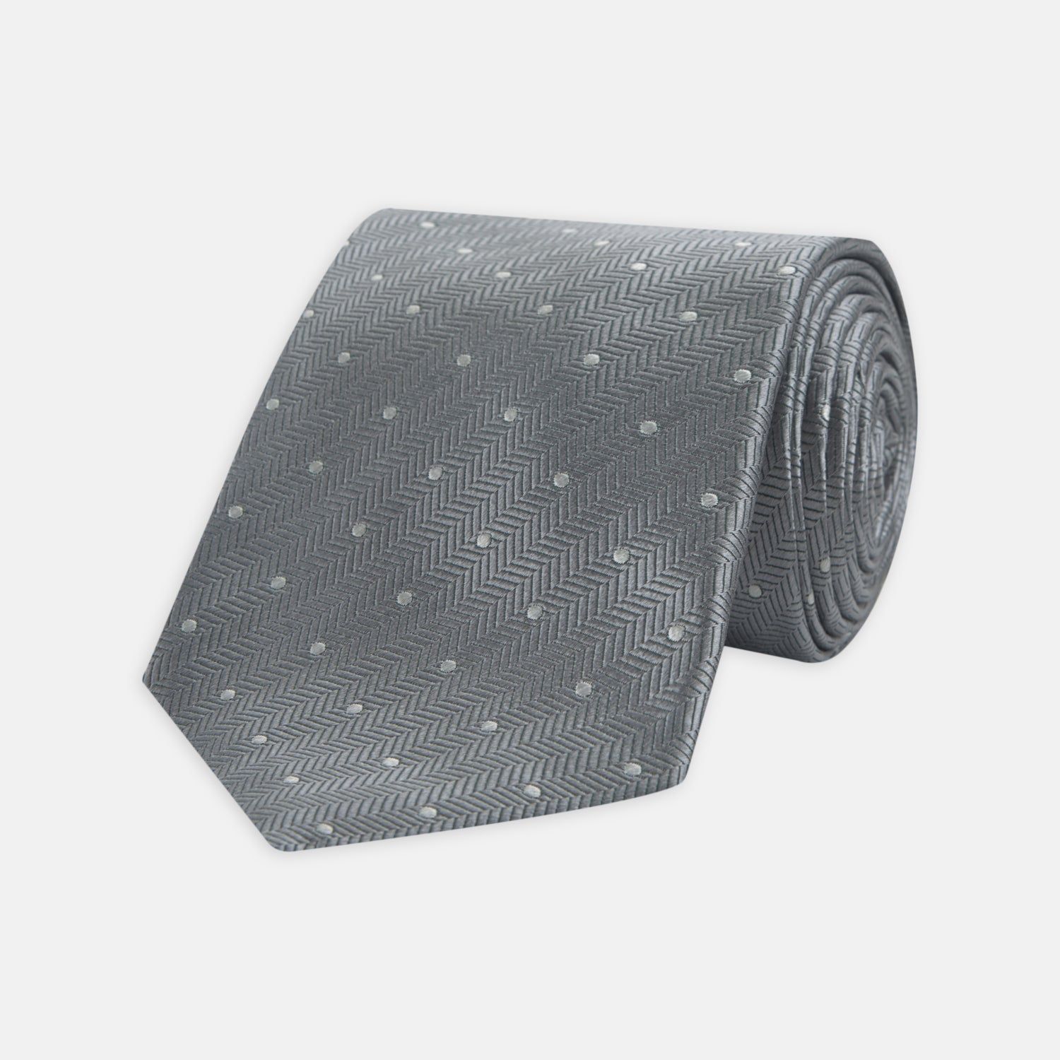 Grey and White Small Spot Herringbone Silk Tie