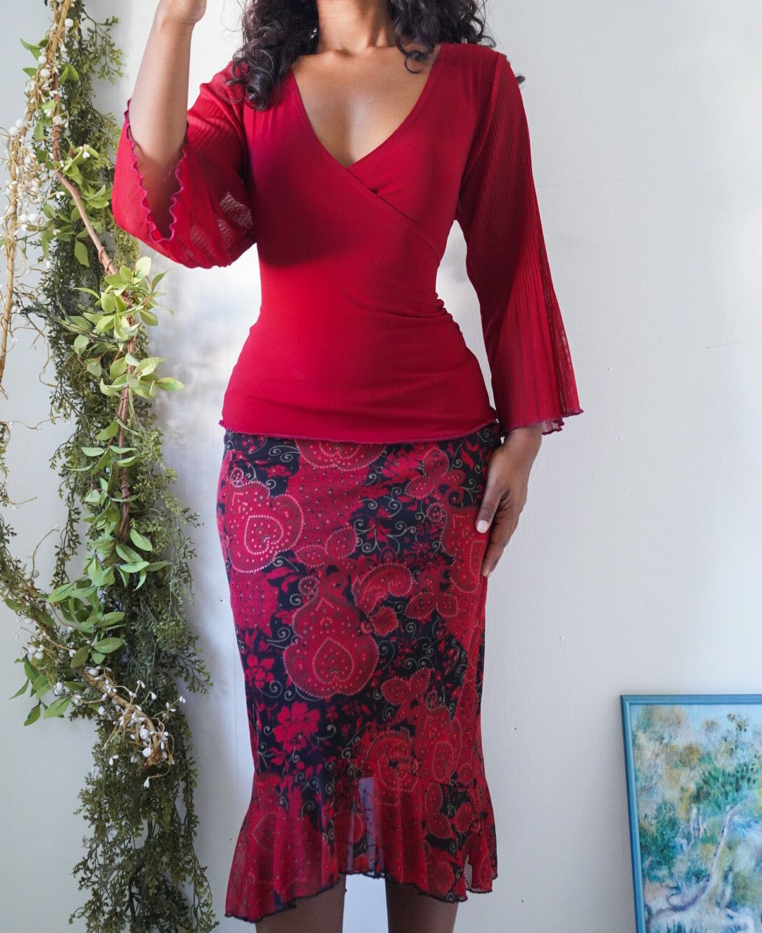 Y2K Red Pleat Flare Sleeve Crossover Top