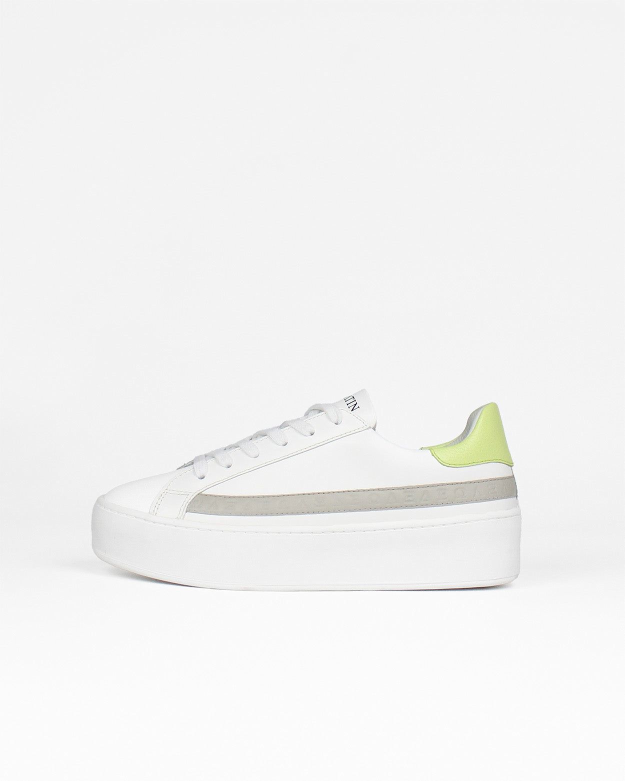 Gaia Platform Trainers - White, Grey & Lime Green Pebbled Leather