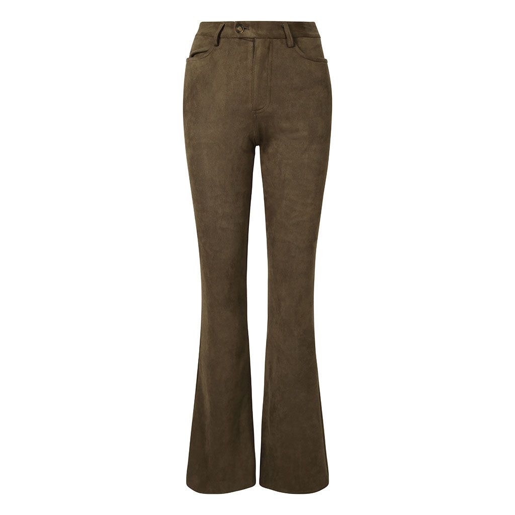 Khaki Faux Suede Flare Trousers