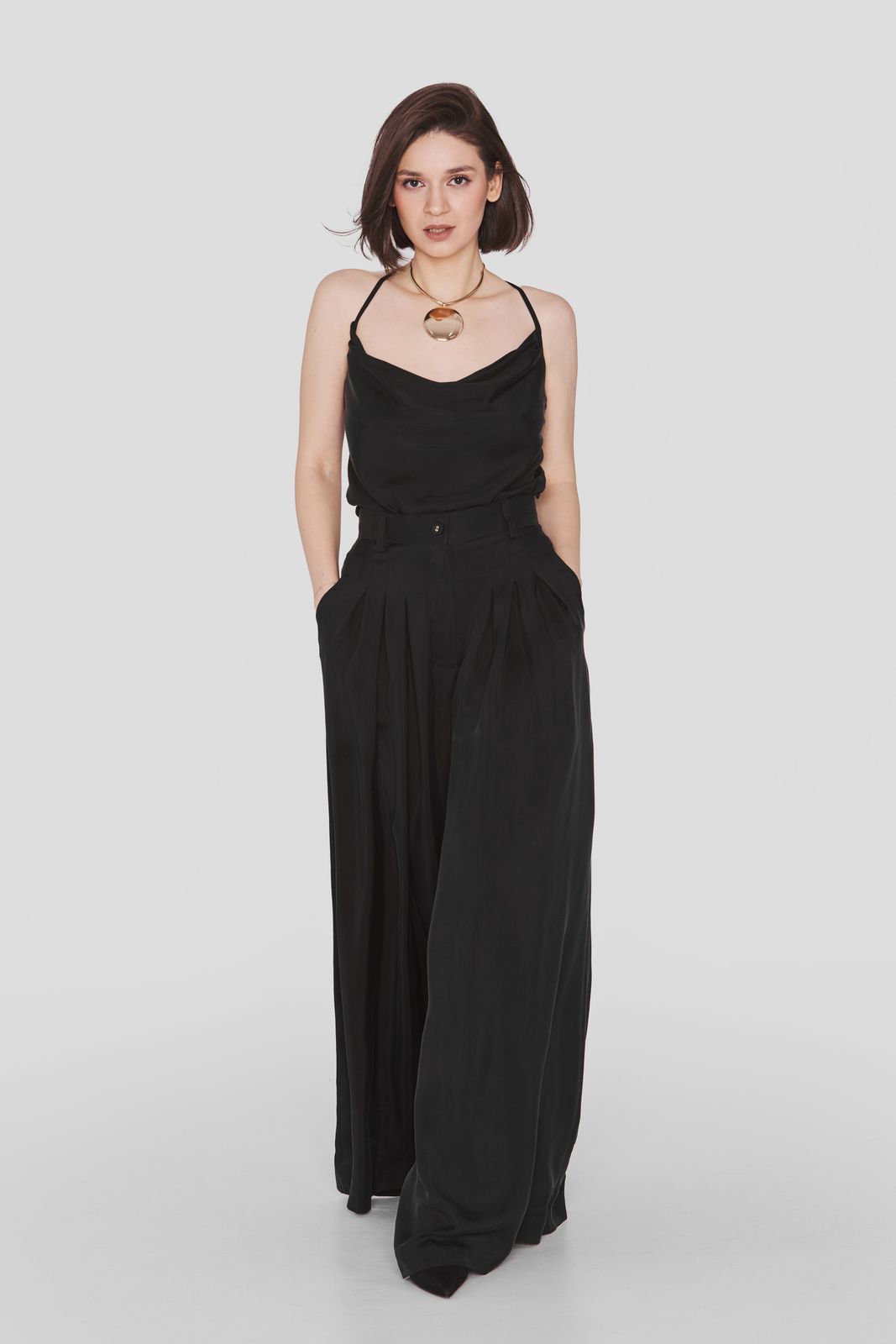 EYOS | Vegan Silk Palazzo Trousers | Black