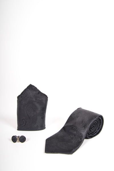 Black Paisley Print  Tie set- Tie, pock square, cufflinks.