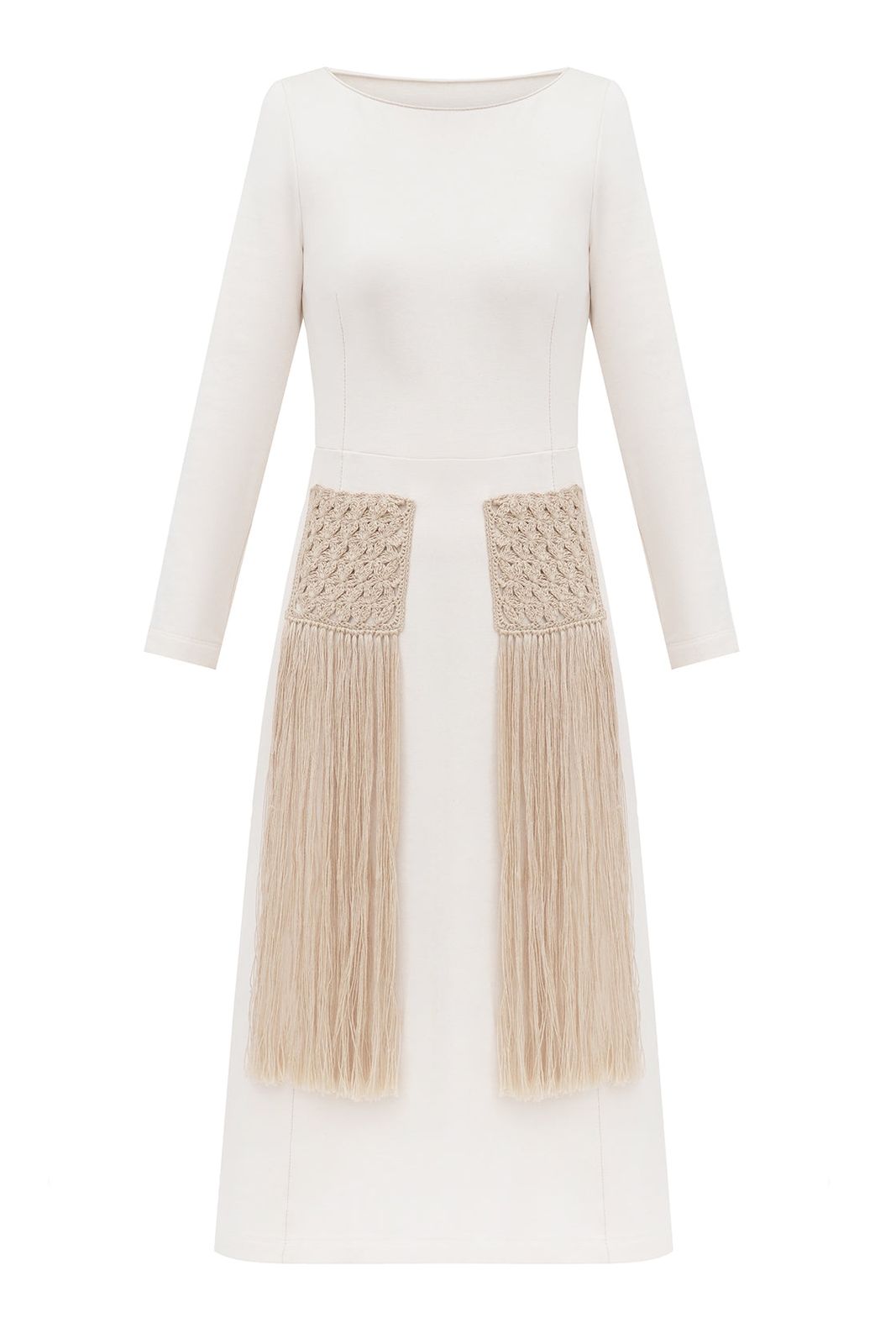 Organic Cotton Dress With Hand Knitted Ramie Pockets &amp; Fringing | Cream &amp; Beige