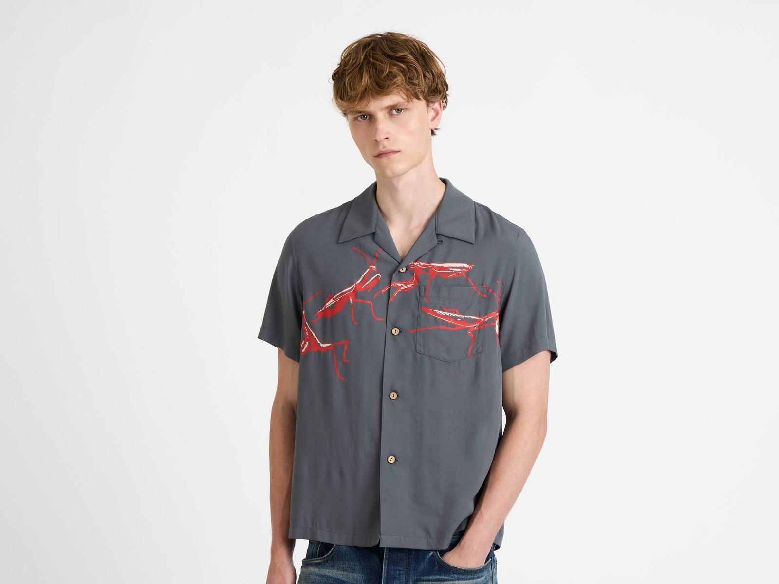 MENS SHORT SLEEVE CAMP COLLAR SHIRT IN STEEL