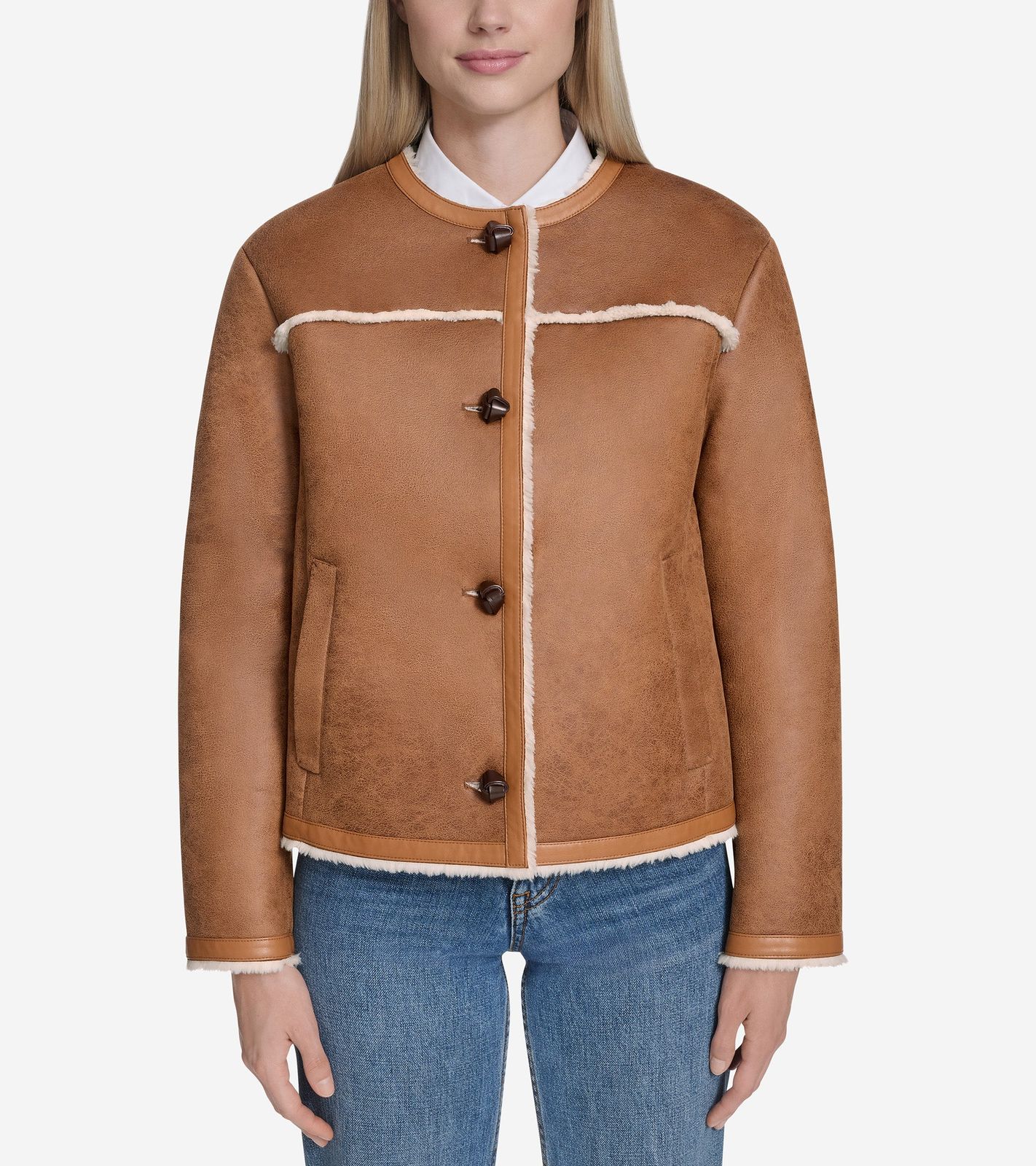 Women's Waxed Suede Shearling Collarless Jacket