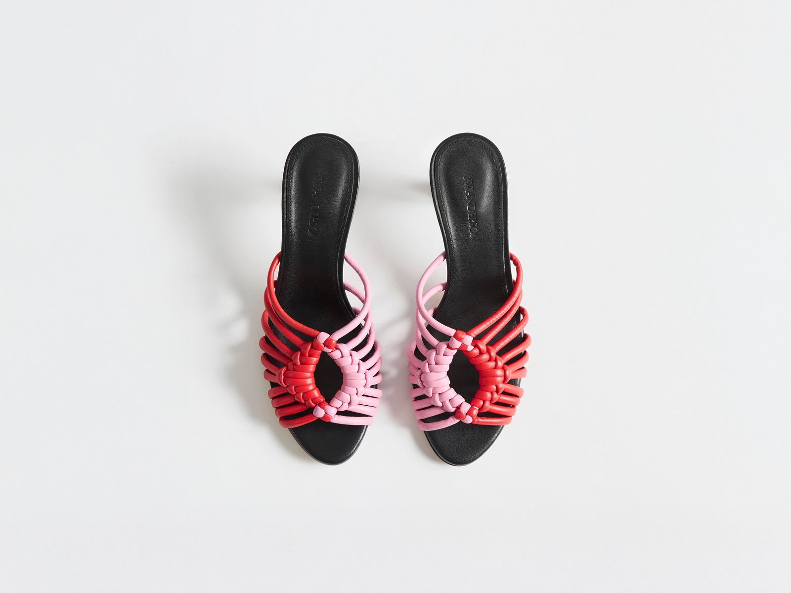 WOMENS WOVEN HEELED LEATHER PLOT SANDAL IN RED & BUBBLEGUM PINK