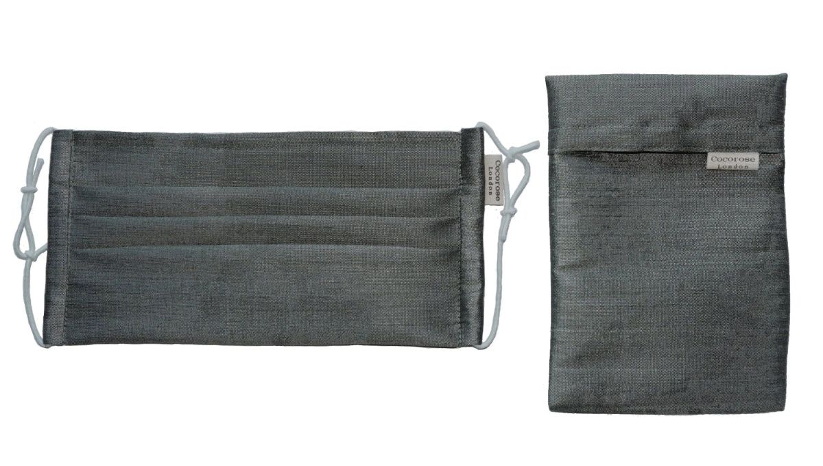 Pleated Silk Face Mask with Nose Wire and Matching Pouch - Dark Grey