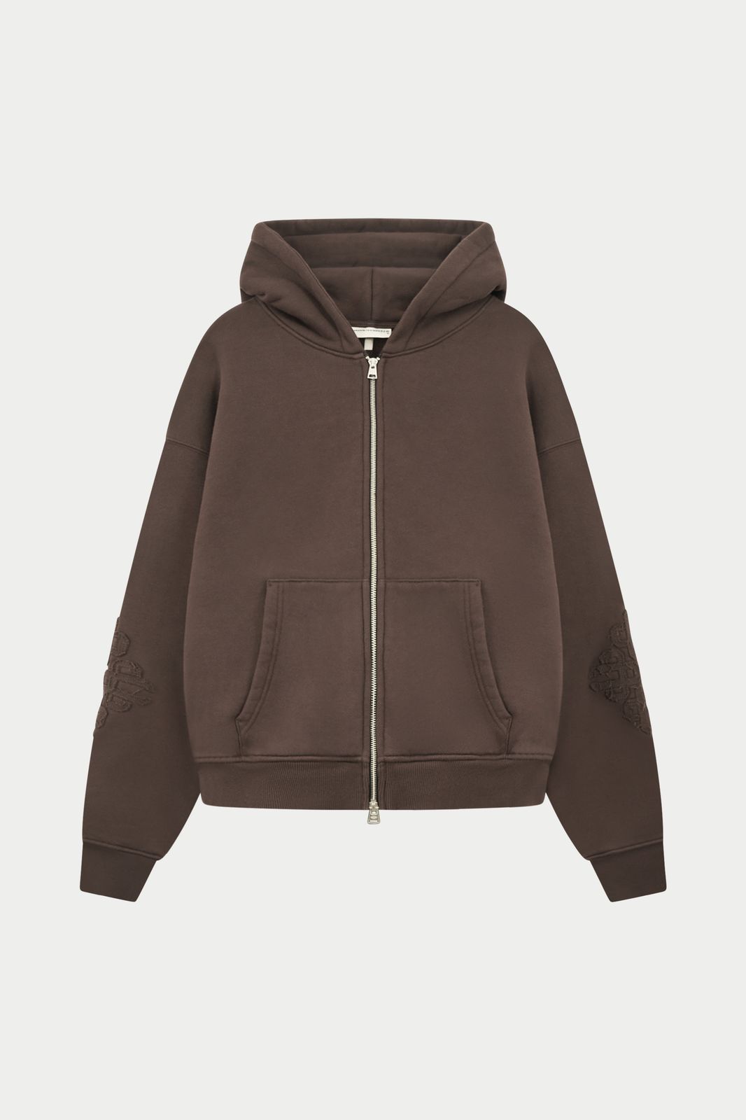 EMBLEM APPLIQUE ZIP THROUGH HOODIE - BROWN