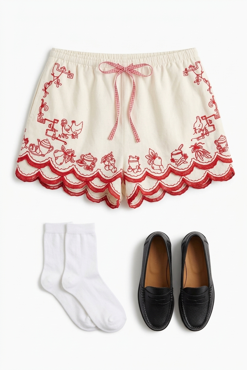 Natalina Short - White With Red Embroidery