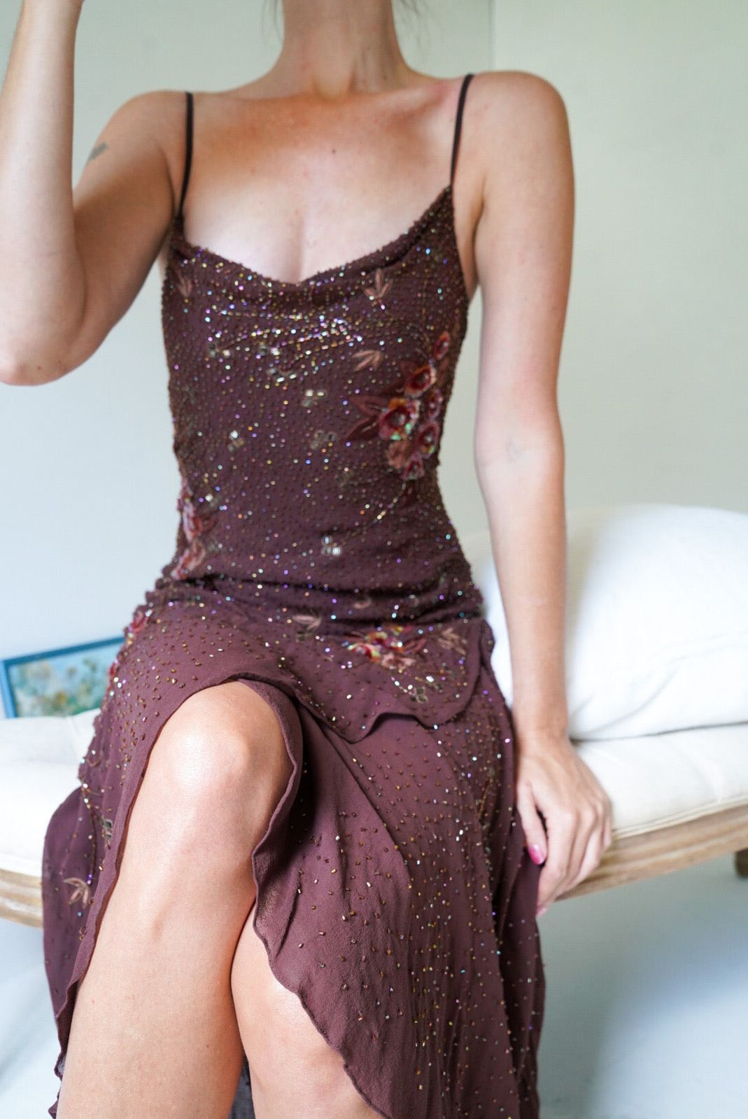 Y2k Brown Beaded Silk Sue Wong Dress