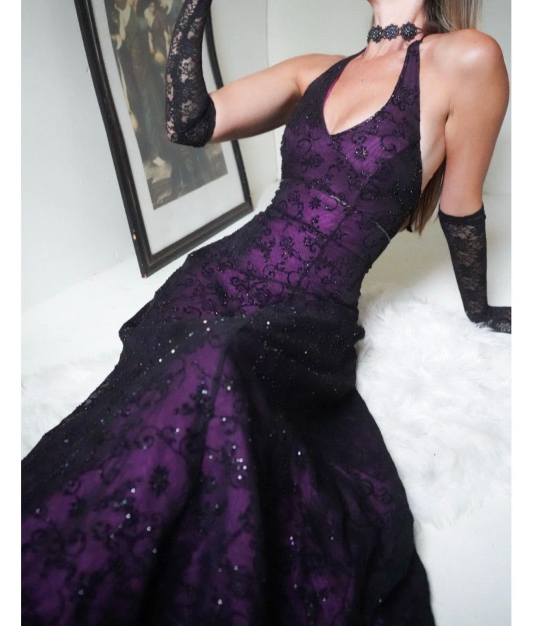 Purple and Black Layered Beaded Halter Gown