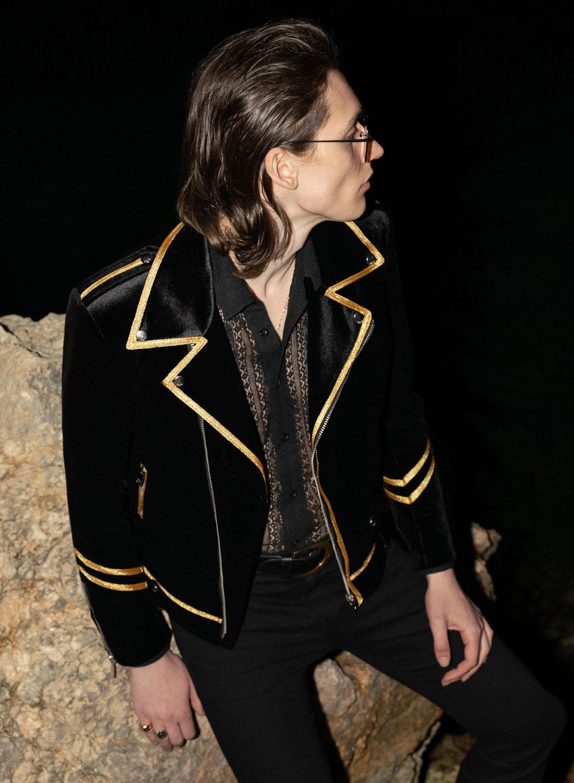 Black Military Gold Trim Biker Jacket