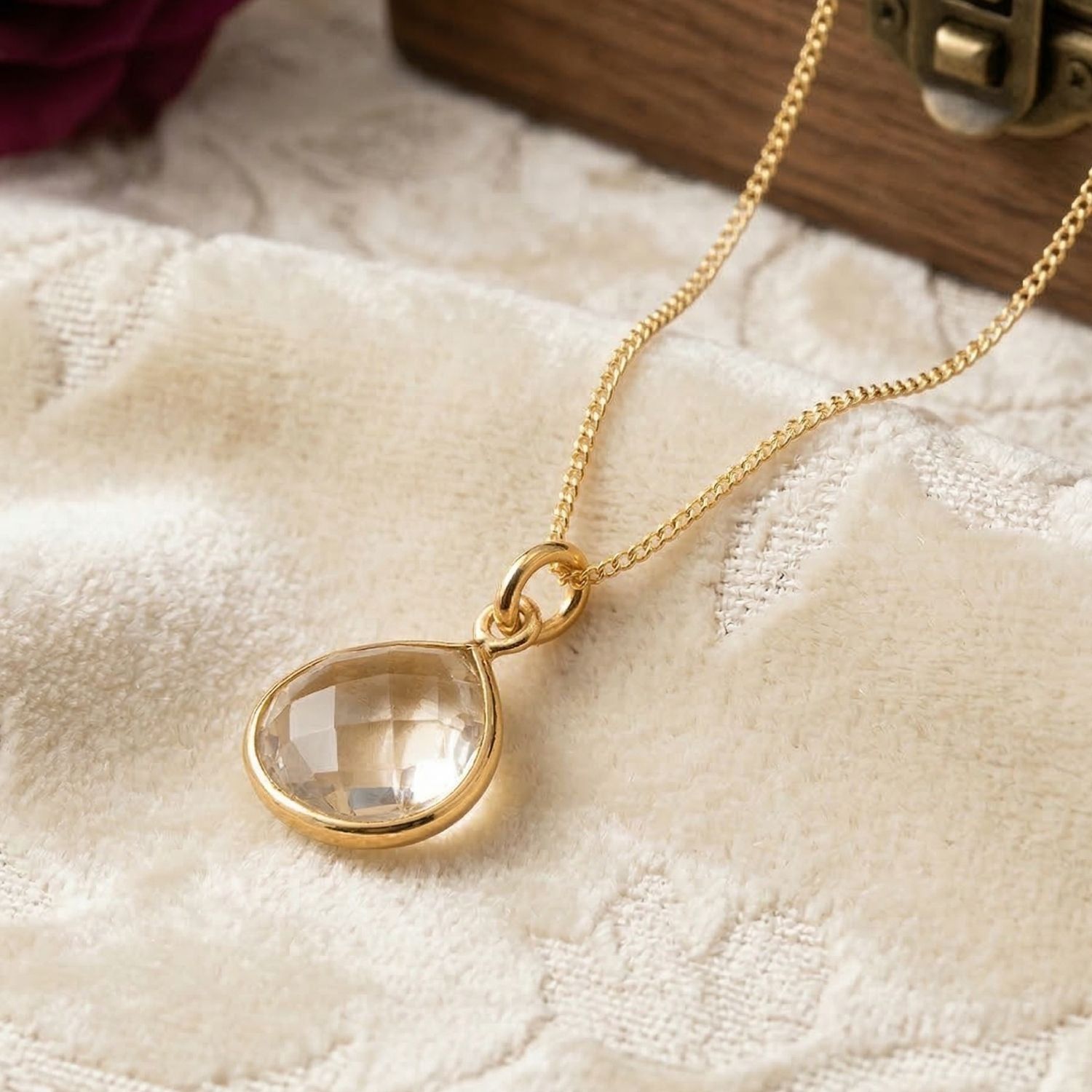 White Topaz Charm April Birthstone Gold Plated Necklace