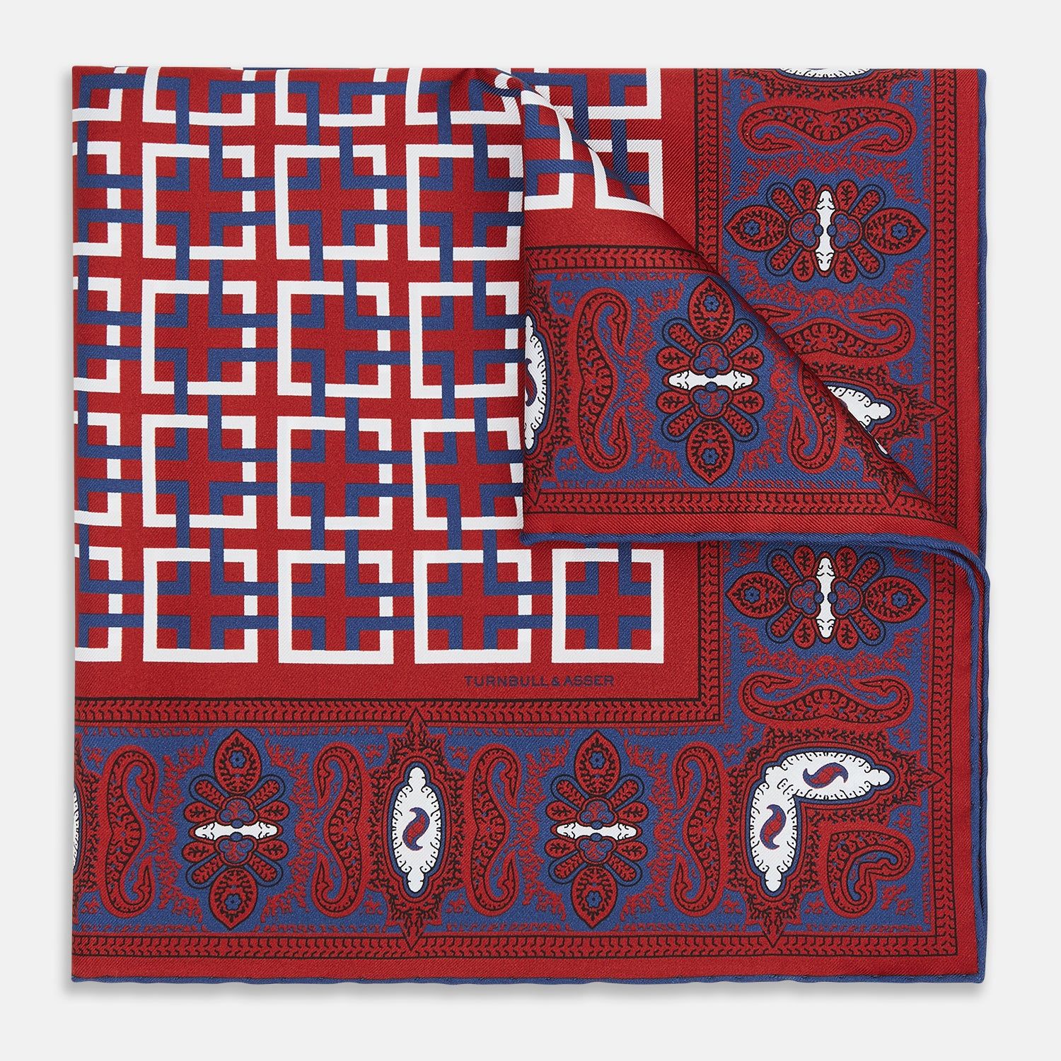 Red Square-Patterned and Paisley Patterned Silk Pocket Square