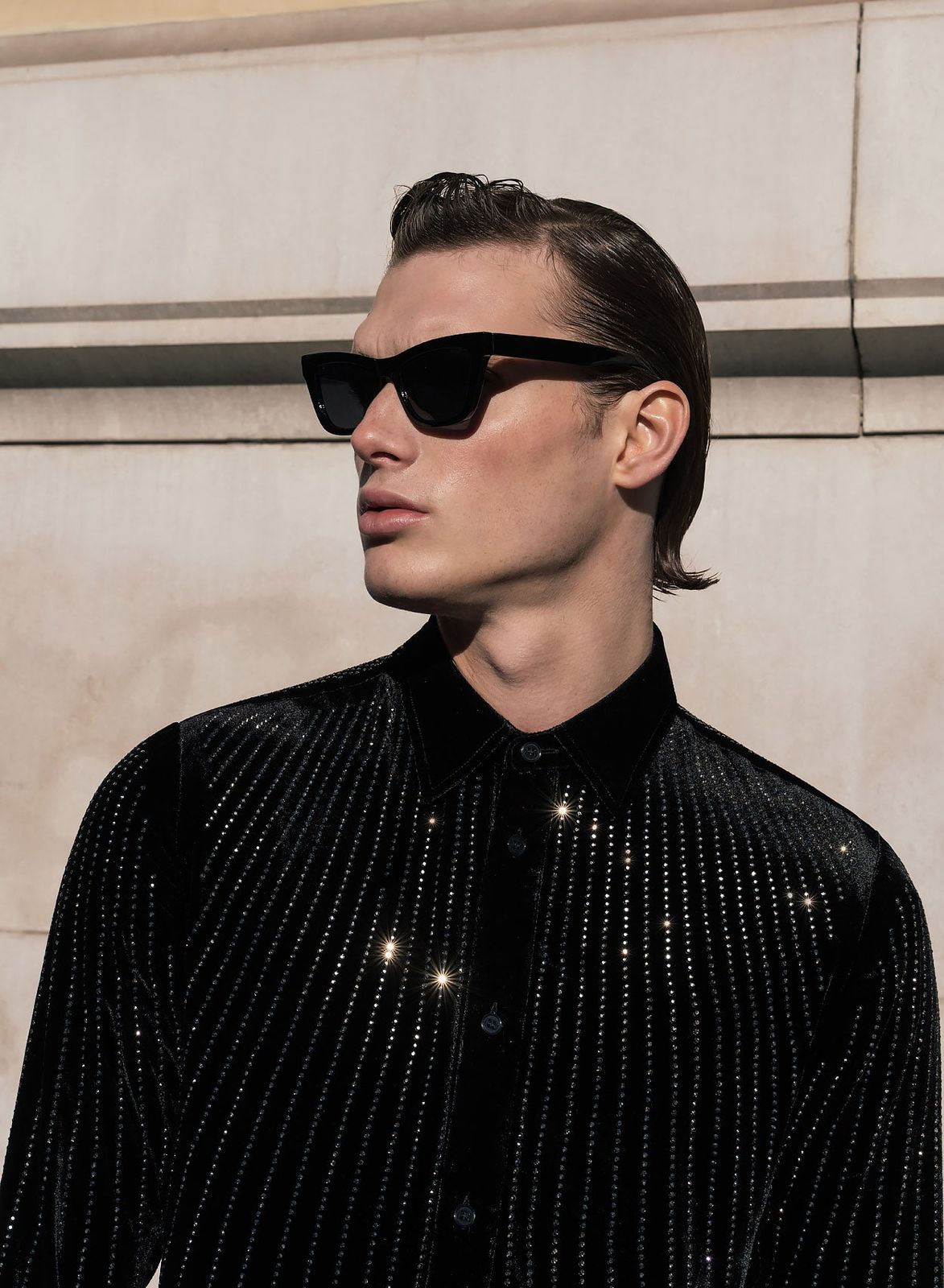 Black Silk Velvet Sequin Button Down Shirt