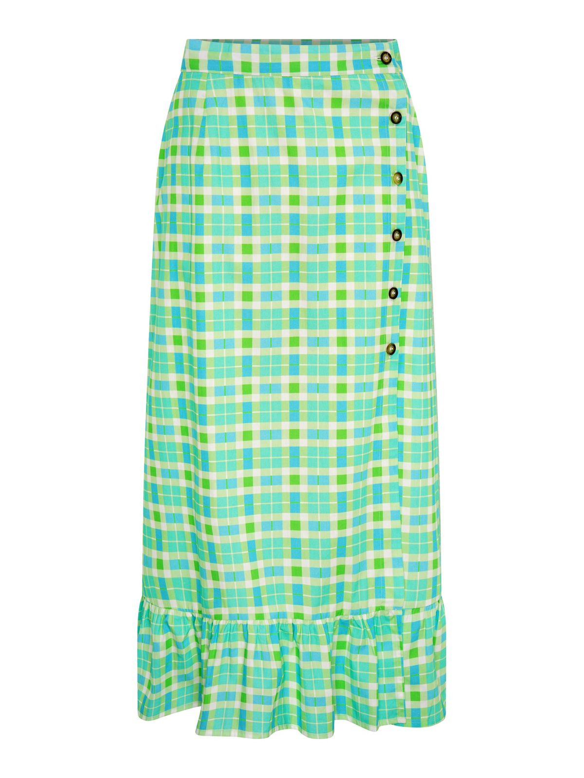 Adria Check Print Side Button Frill Hem Skirt In Green