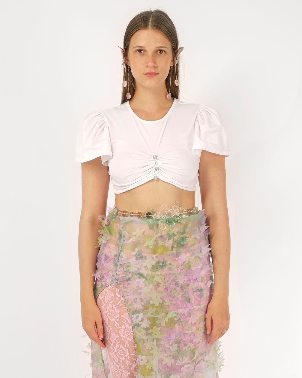 BEADED GATHERED JERSEY TOP