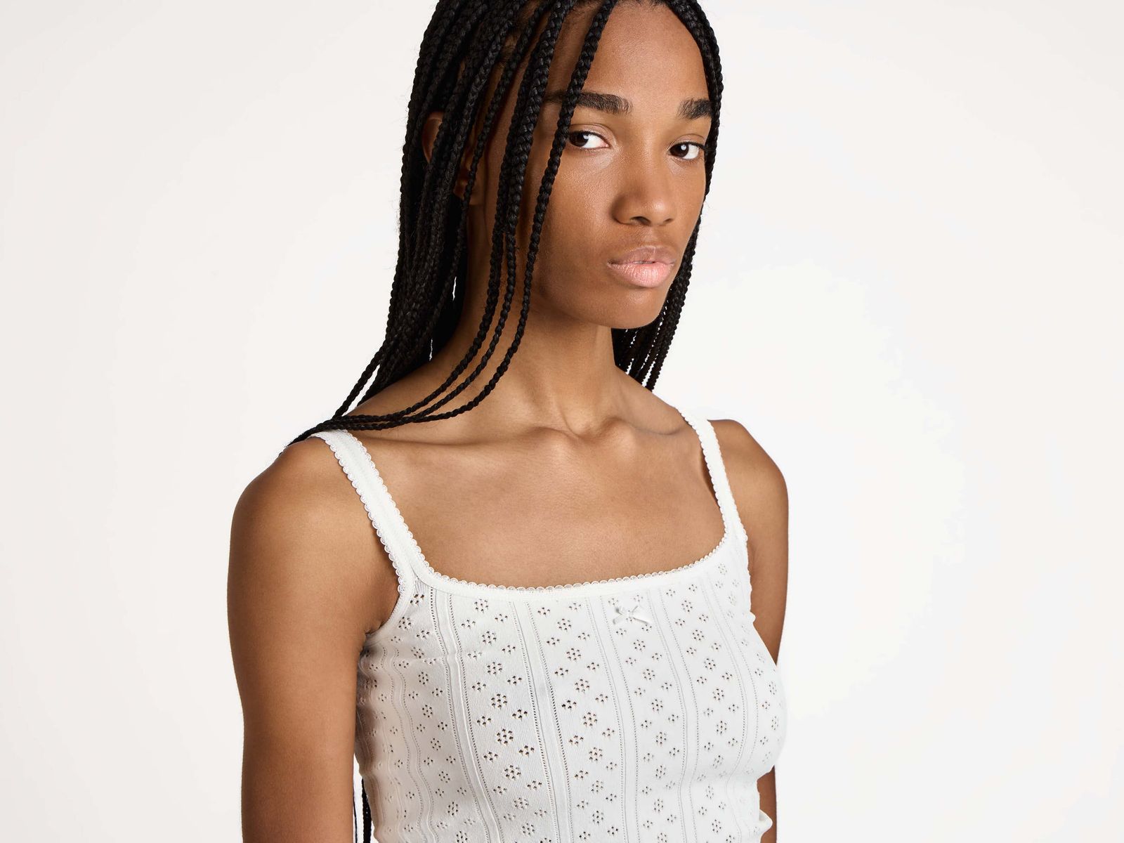 WOMENS KNITTED POINTELLE CAMI TOP IN WHITE