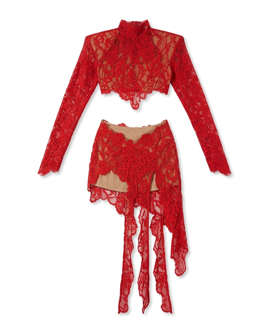 Gardinia Top & Shorts In Red Lace