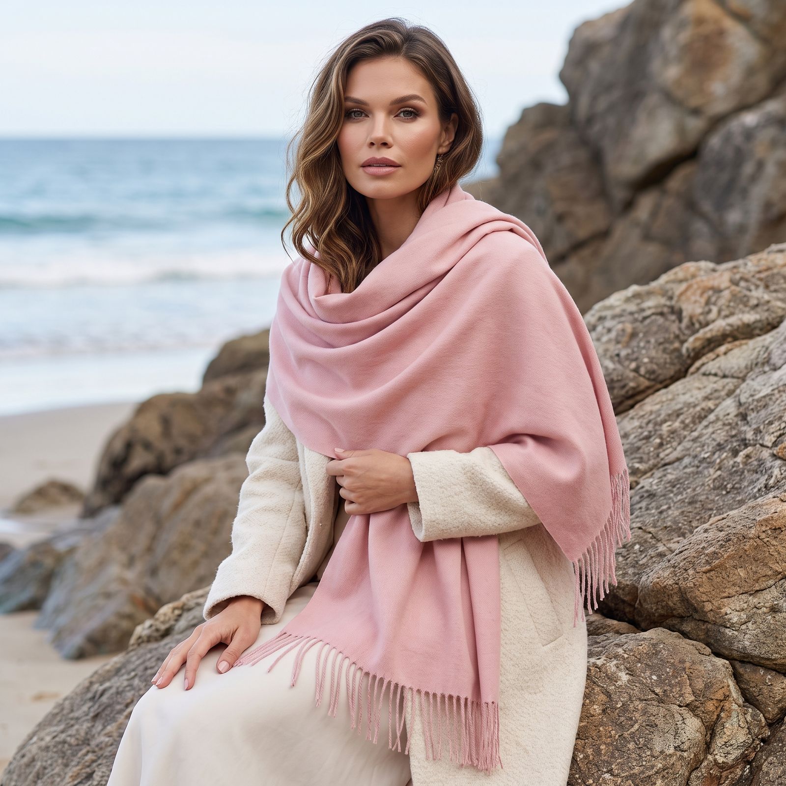 Dusky Pink Pashmina Drew Super Soft Large Special Occasion Wrap with Tassels