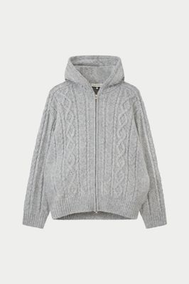 CABLE KNIT ZIP THROUGH HOODIE - GREY