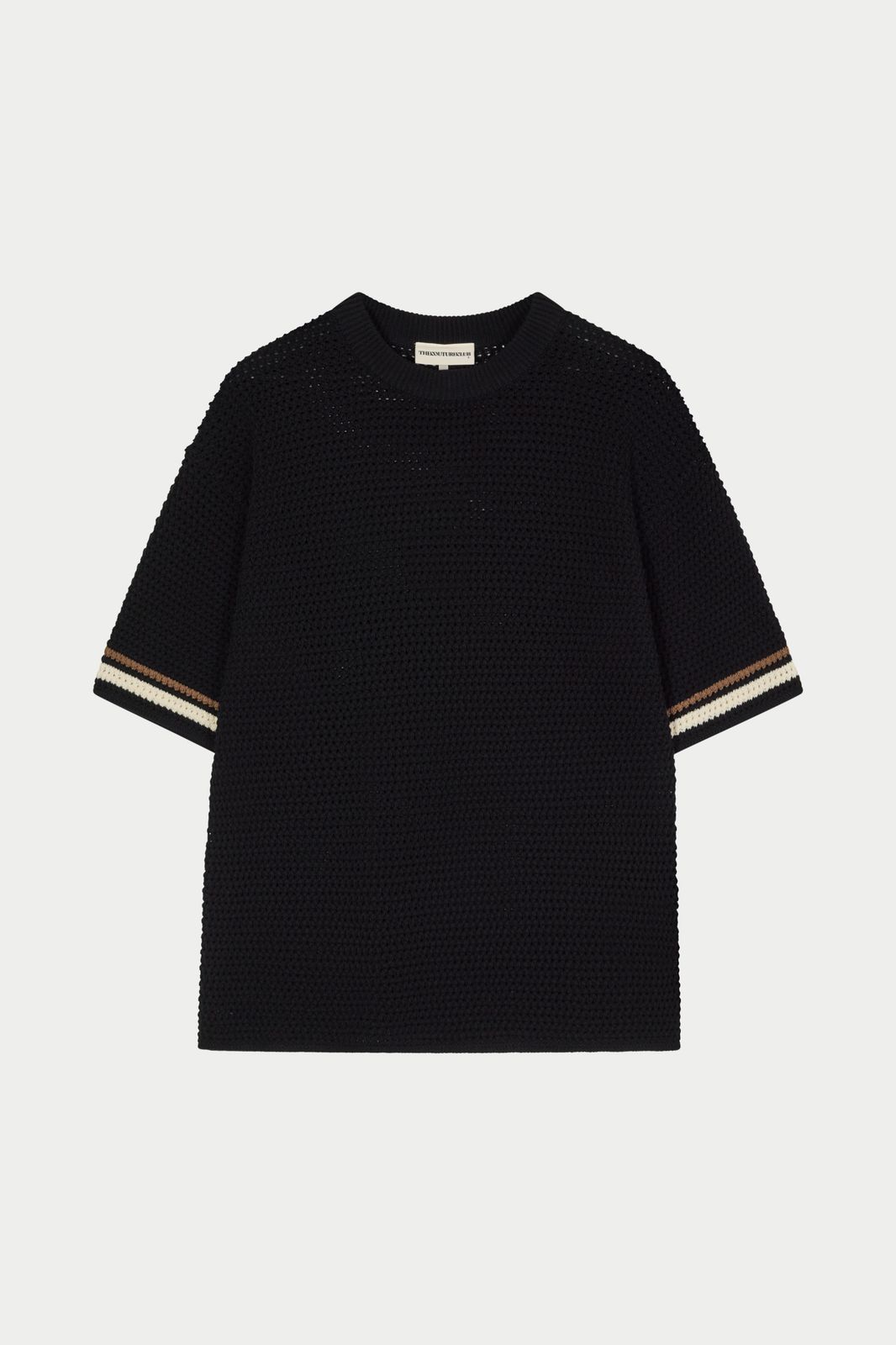 CROCHET KNITTED STRIPE T-SHIRT - BLACK
