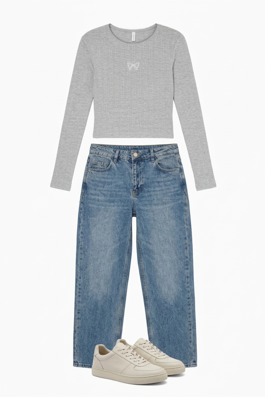 Lua Long Sleeve Pointelle Top - Grey Marl
