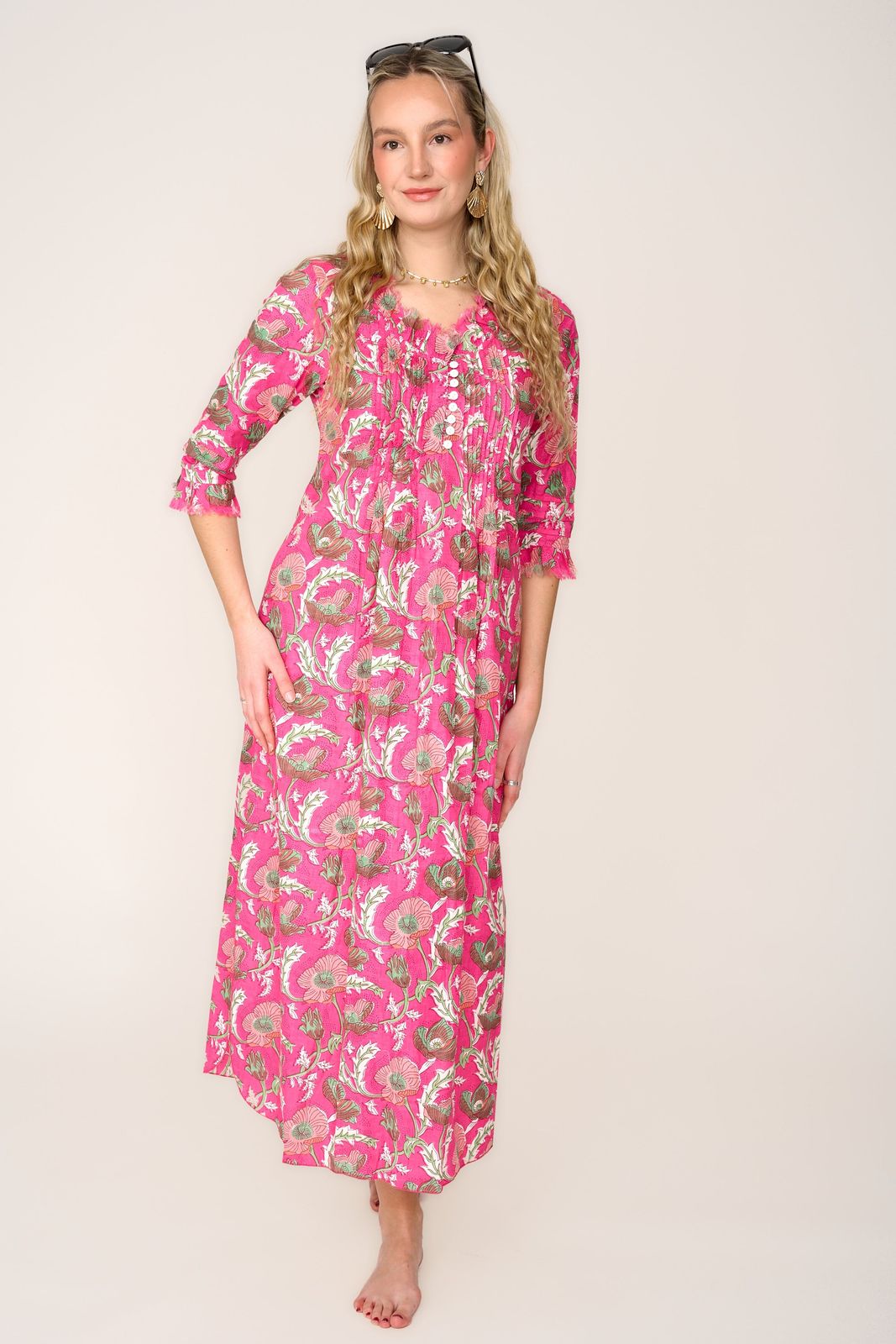 Cotton Annabel Maxi Dress in Pink & Green Flower