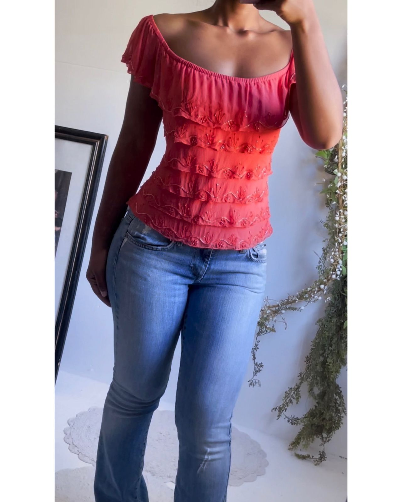 Rare Y2K Deep Coral Silk Cache Top