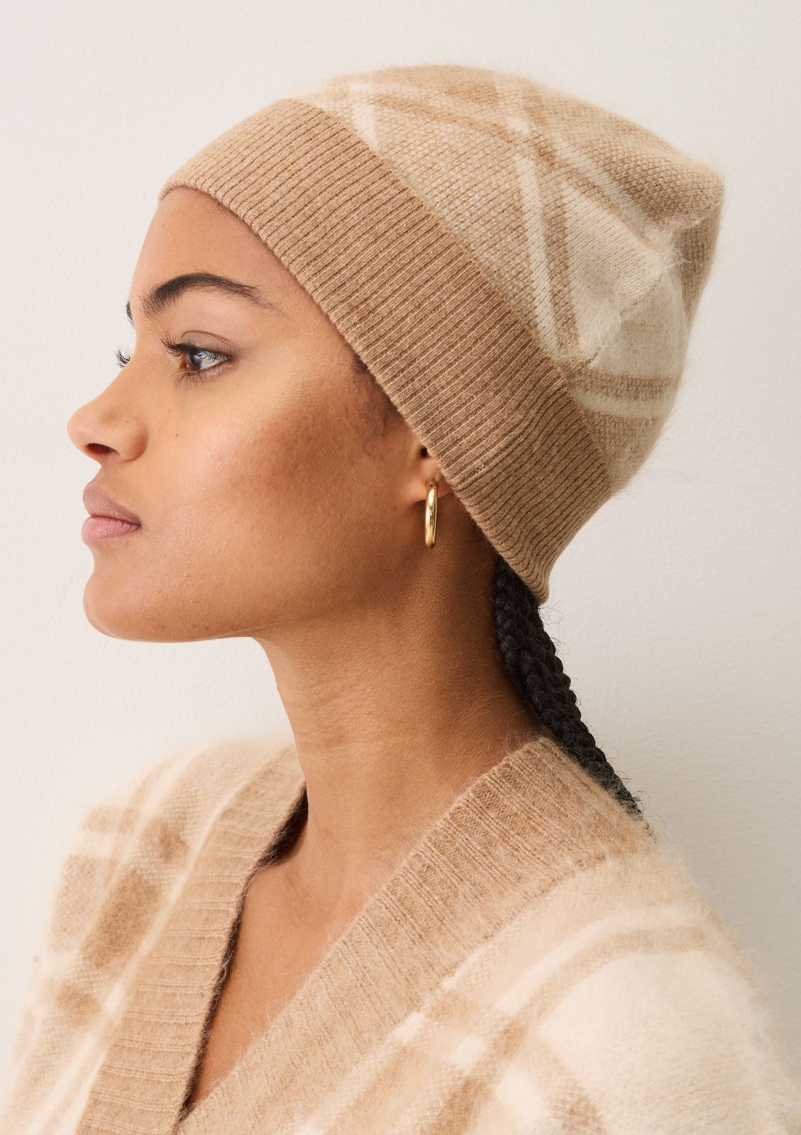 Brushed Check Beanie in Porcelaine White & Woodcarving Brown