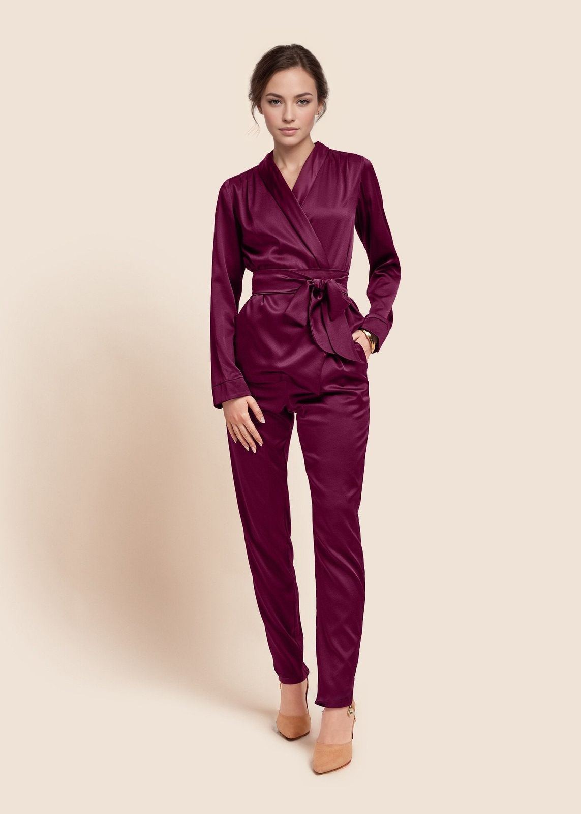 Roxy Estella Burgundy Silk Trouser Suit