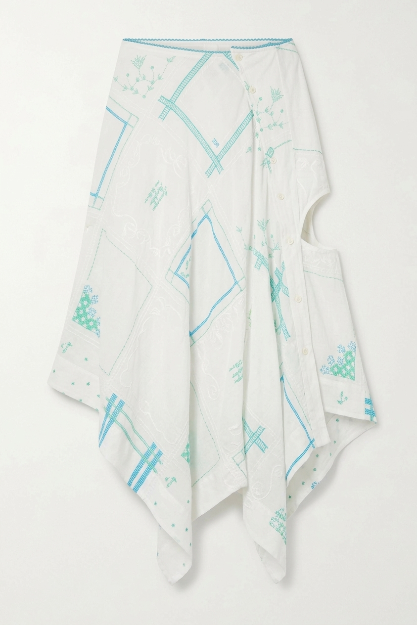 Corinne Hanky Hem Midi Skirt - White/blue Embroidery