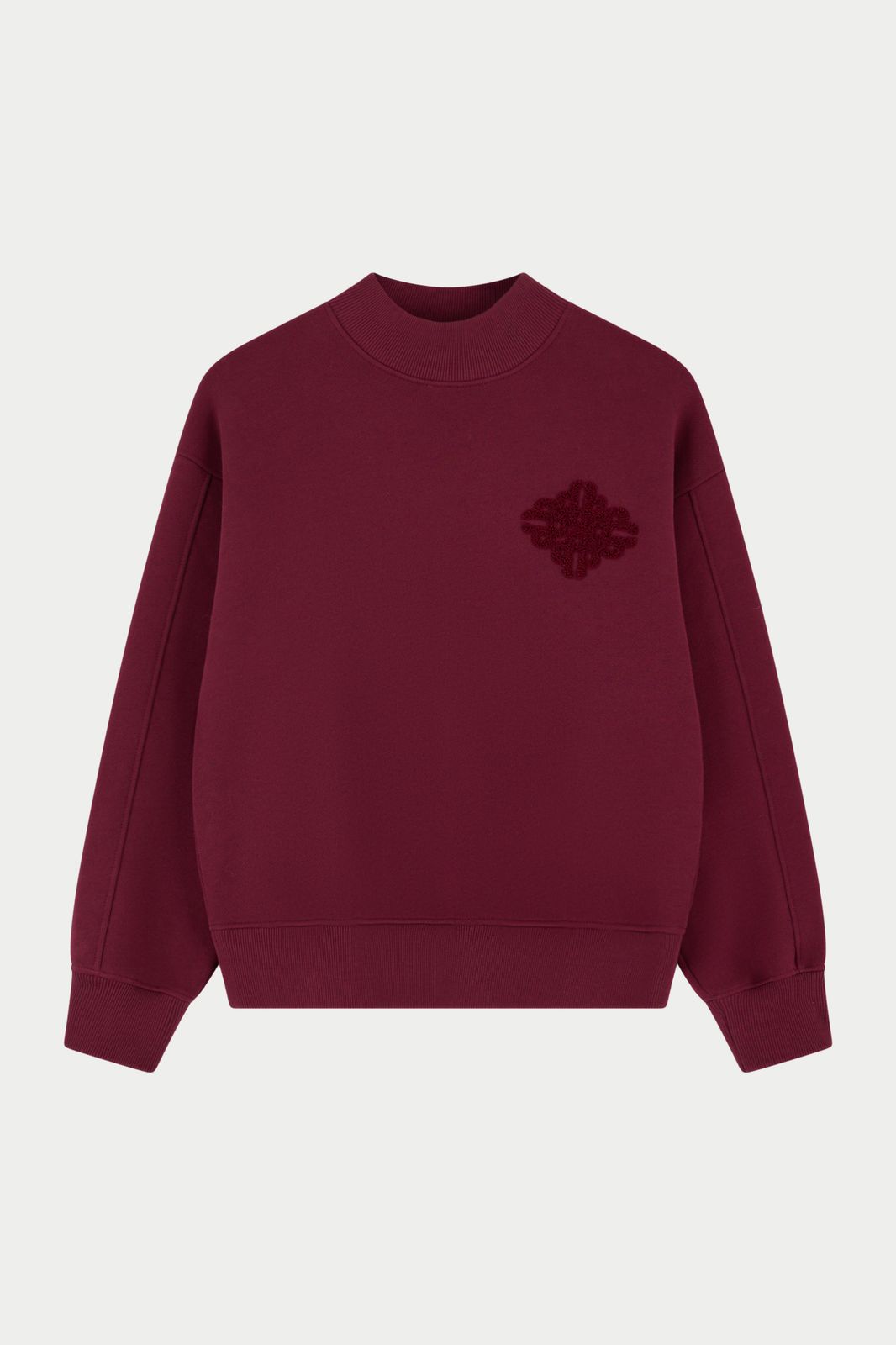 CHENILLE EMBLEM MOCK NECK CREW - BURGUNDY