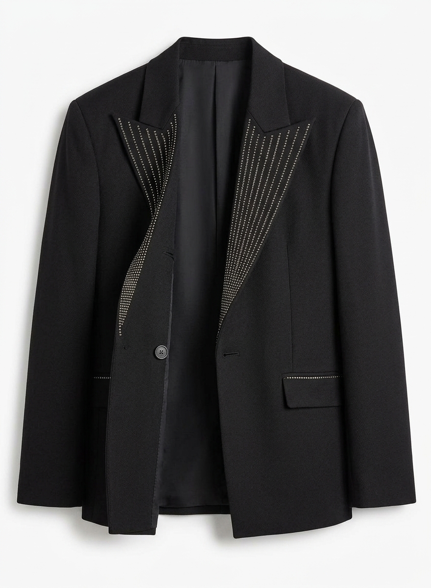 Black Rhinestone Embellished Lapel Blazer