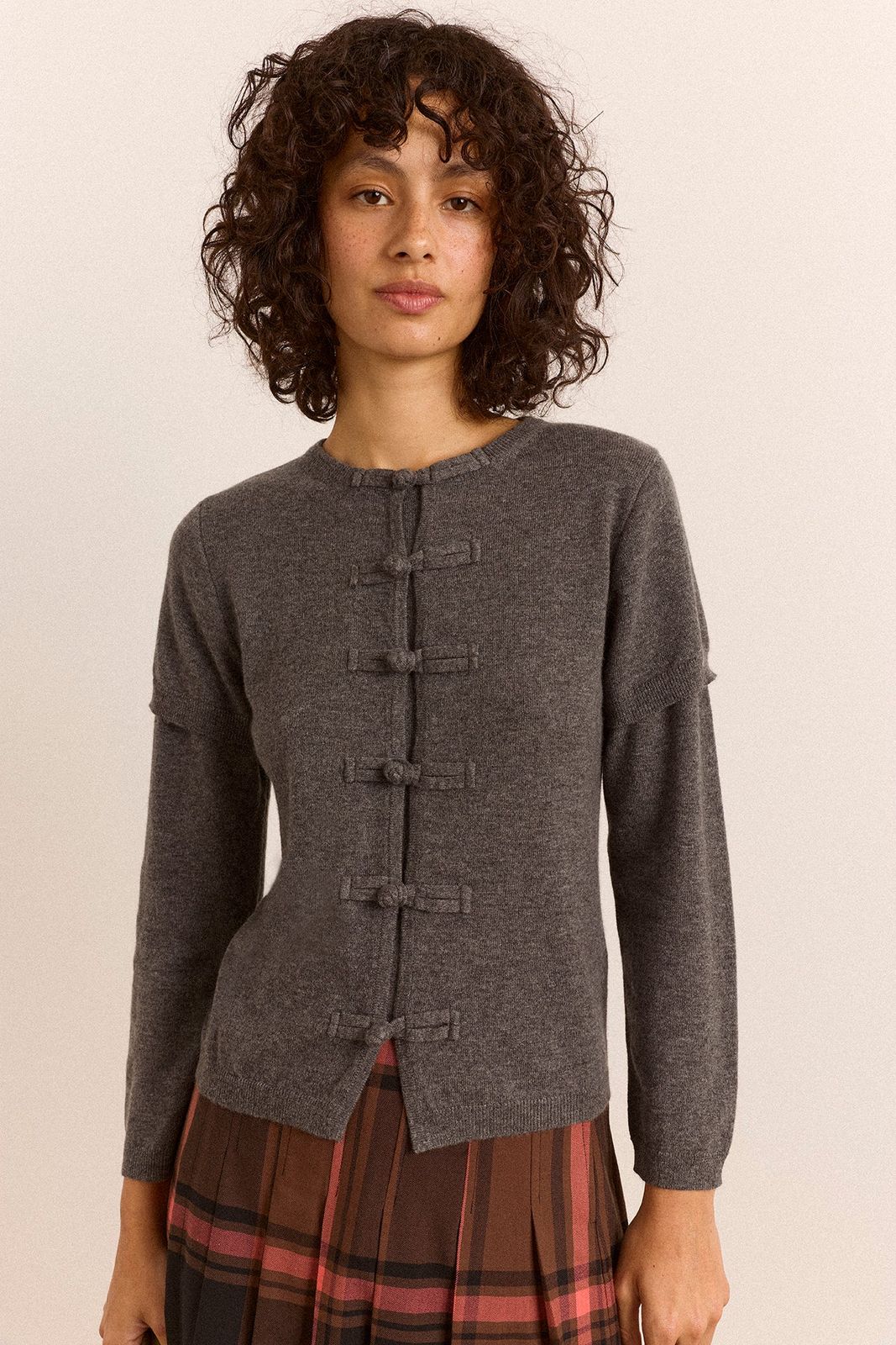 Clarissa Button Trim Wool Blend Cardigan - Charcoal