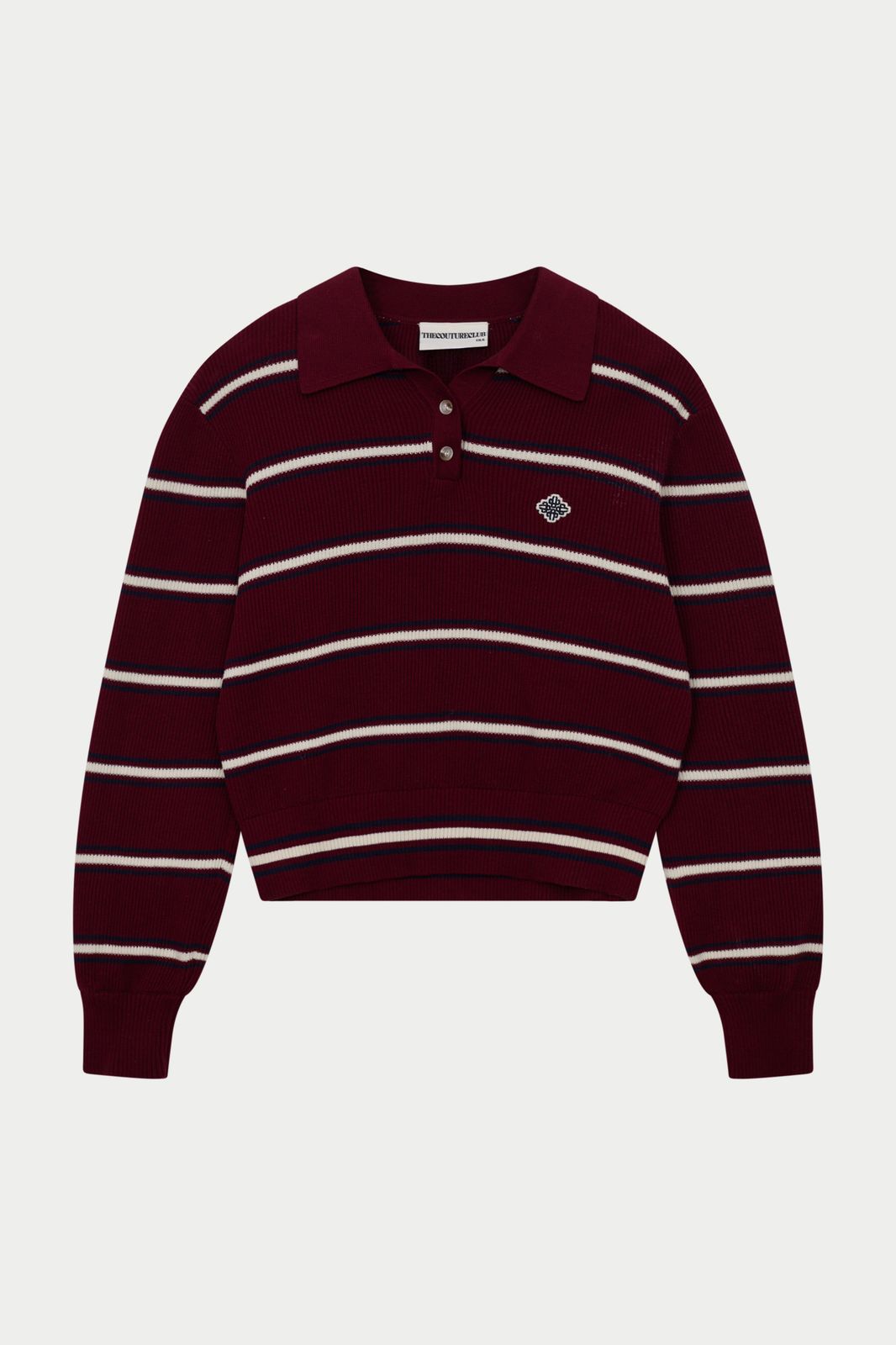STRIPE KNITTED BUTTON THROUGH POLO - BURGUNDY