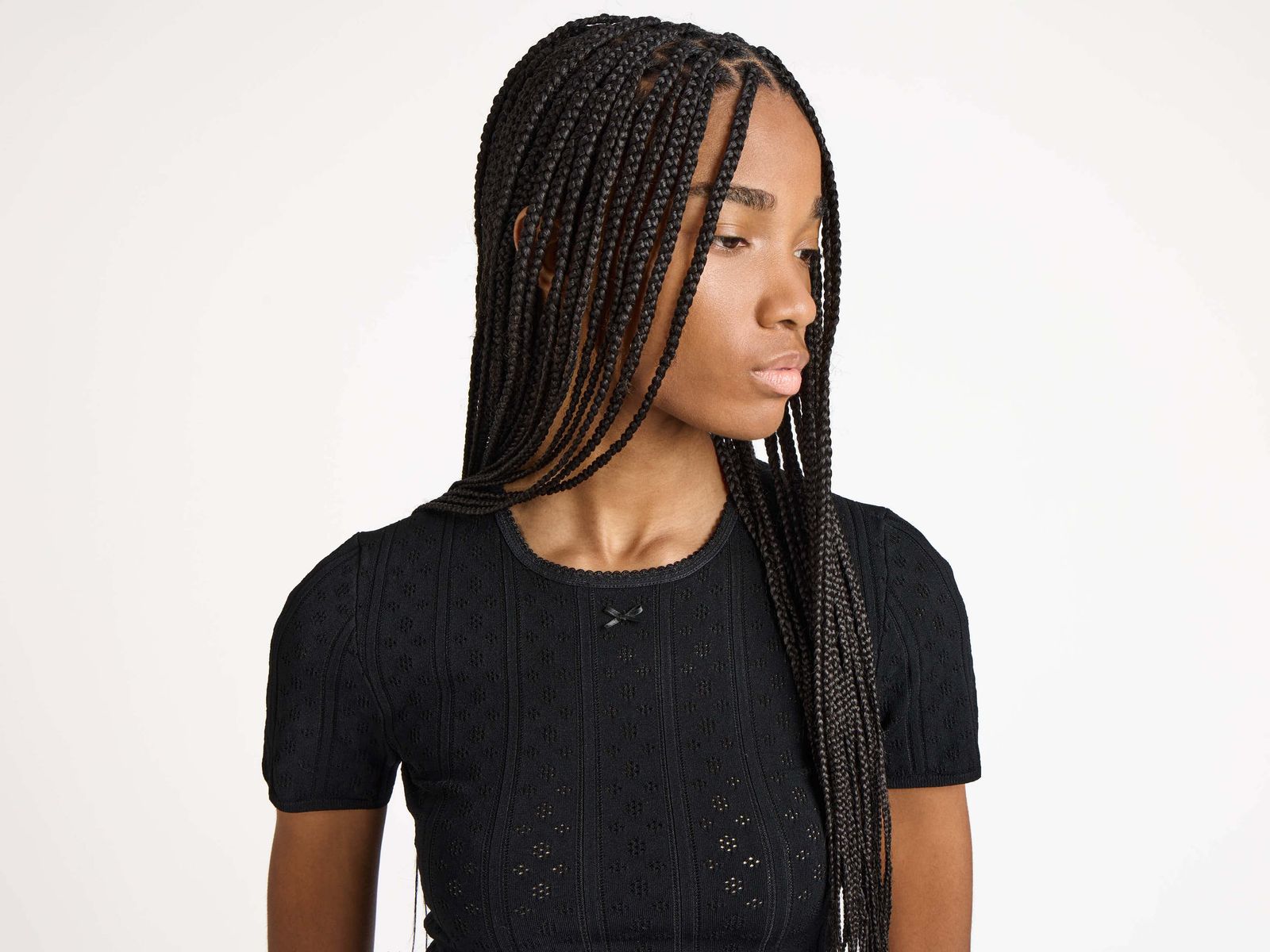 WOMENS KNITTED POINTELLE T-SHIRT IN BLACK
