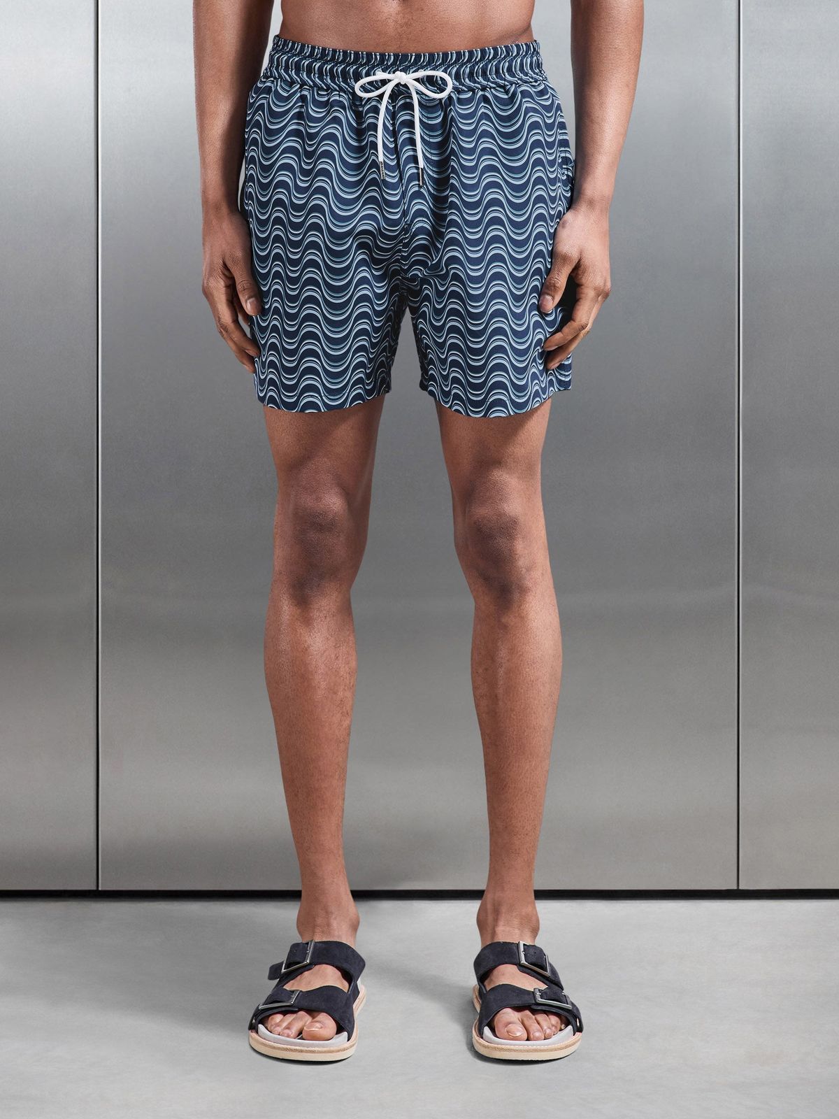 Wave Printed Drawstring Swim Short in Navy