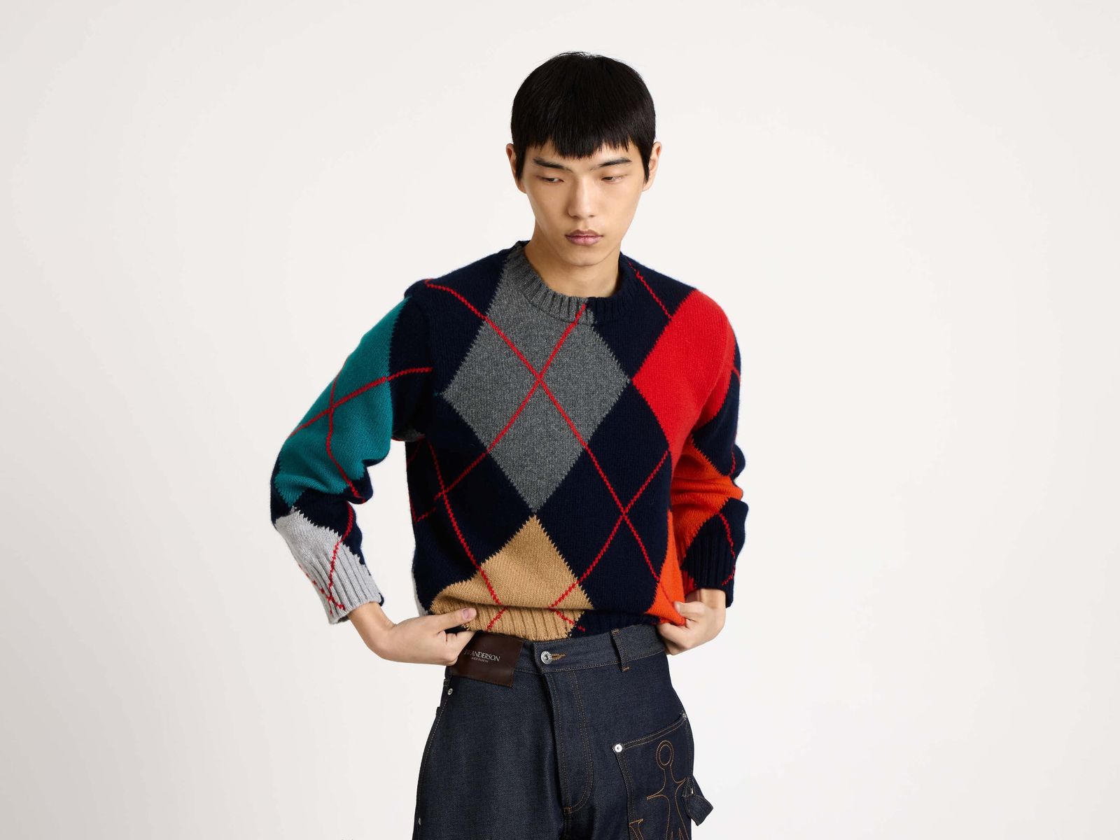 MENS JW ANDERSON X PRINGLE ARGYLE CREWNECK JUMPER IN NAVY