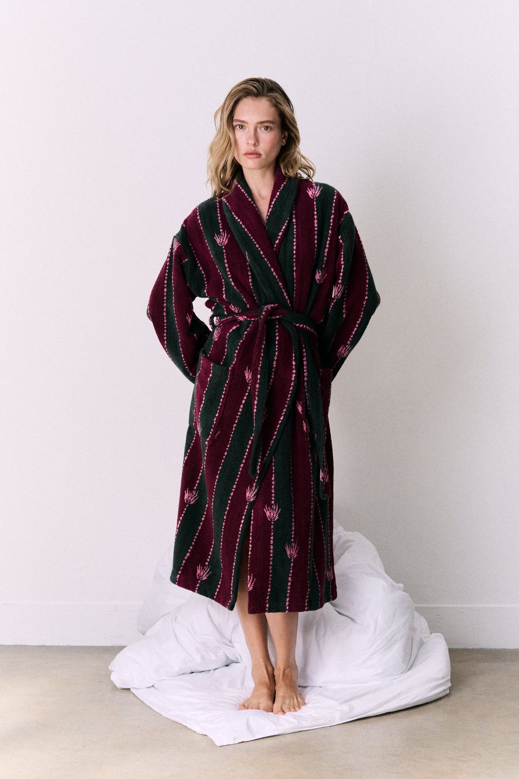 Unisex Towel Robe Moonflower Stripe Green/Pink/Red