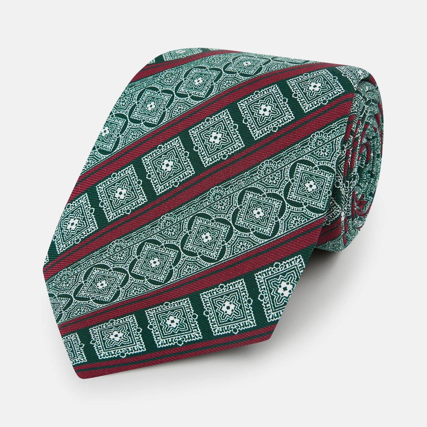 Forest Green and Red Medallion Bar Printed Silk Tie