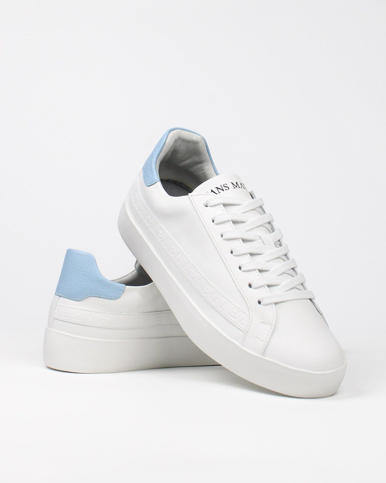 Olympus Low Top Trainers - White & Baby Blue Pebbled Leather
