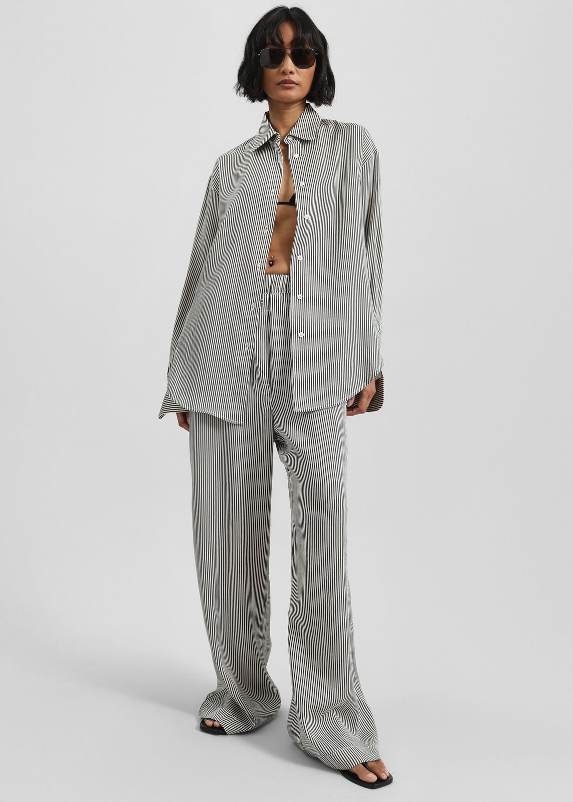 Mirca Striped Silk Elastic Pants - Black/White Stripe