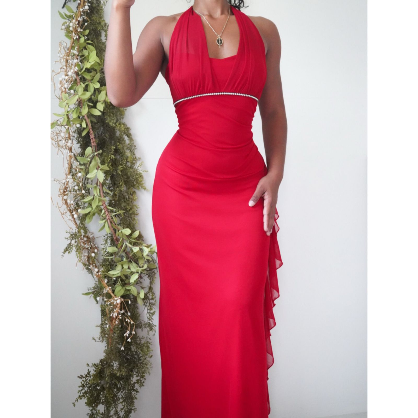 Red Halter Rhinestone Trim Gown